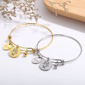 Adjustable stainless steel heart love charm bangles in gold and silver finish