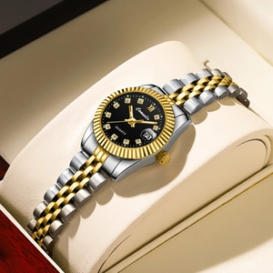Detailed macro view of two-tone steel watch with black dial and luminous calendar display