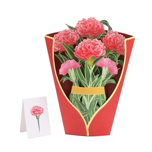 Detail of 3D pop-up greeting card featuring pink carnations in a red and gold paper vase