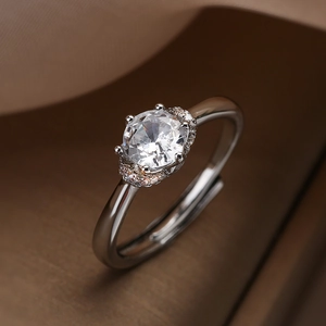 Minimalist 18K silver plated copper ring with zircon center stone and adjustable band
