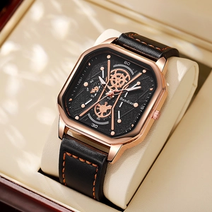 Men's large square rose gold watch with black leather strap and orange stitching