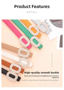Detail showing colorful thin belts with pearl and rhinestone encrusted oval buckles