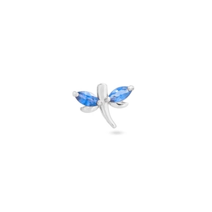 Silver dragonfly stud earring with blue marquise crystals on a white background