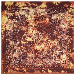 Detailed top view of tie-dye paisley bandana with rich brown and orange hues