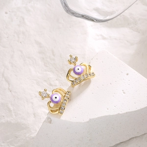 18K gold plated crown stud earrings with purple evil eye stones and cubic zirconia