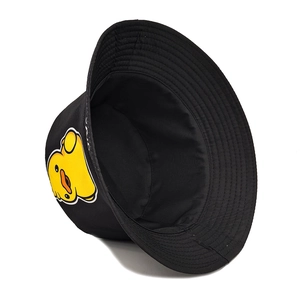 Detail shot of black bucket hat featuring yellow duck print and reinforced stitched brim