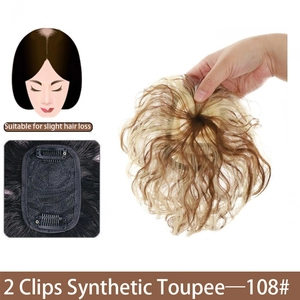 Synthetic hair toupee with two clips, fluffy curly hairpiece for thin hair and top volume.