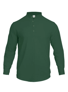 Detail view of dark green linen-blend shirt showing mandarin collar and interior brand label