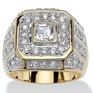Luxurious men's gold plated ring featuring a princess cut zircon and pave setting