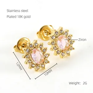 Macro shot of sunflower stud earring featuring pink oval zircon and 18K gold plated steel