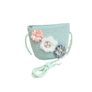 Borsa a tracolla in paglia verde menta per bambini con fiori e cerniera per la spiaggia