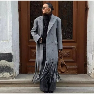 Women's gray double-breasted long wool coat with trendy fringe hem and lapel collar