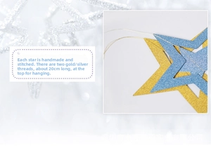 Close-up of hollow star ornaments with sequins and 20cm hanging cords for decor