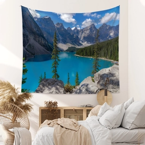Bohemian landscape tapestry with snow mountains and blue lake for bedroom wall decor