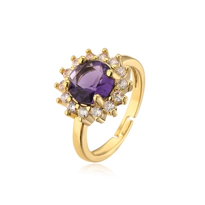 18K gold plated sunflower open ring featuring a purple zircon stone centerpiece