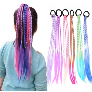 Close-up of colorful gradient synthetic hair braid extensions with elastic rubber bands