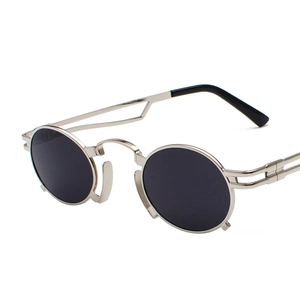 Retro steampunk oval metal sunglasses with black lenses shown from a 45-degree angle