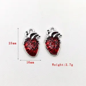 Gothic anatomical heart pendants in red enamel and silver alloy for DIY jewelry, 25mm