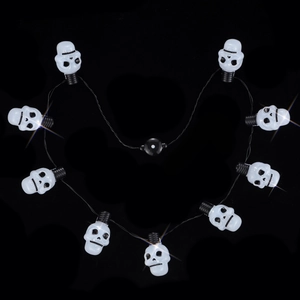 Macro view of glowing white skull LED light string for Halloween party decorations