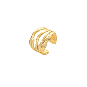 Detail view of multi-layered gold plated ring with hammered texture and open band design