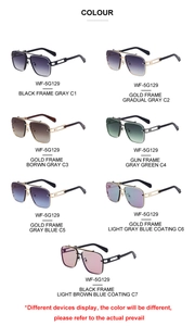 Flat lay of retro square rimless sunglasses in seven colors including gold and black