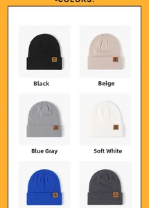Detailed grid showing six color options for double-layer knit beanies with leather patches