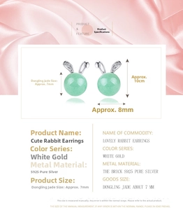 Detail of S925 silver rabbit earrings with 7mm green Dongling jade and zircons
