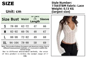 Detailed size chart for the sheer lace long sleeve top with flared sleeves and V-neckline