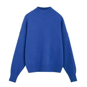 Detail of royal blue mock neck sweater showing ribbed cuffs and soft knit texture
