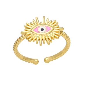 Adjustable gold evil eye sunburst ring with pink and white enamel details