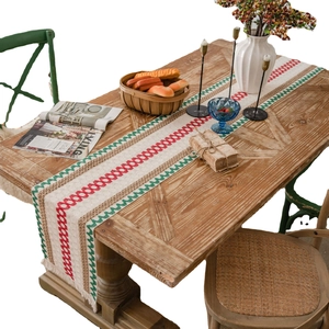 Christmas cotton linen table runner with red green patterns and decorative tassels