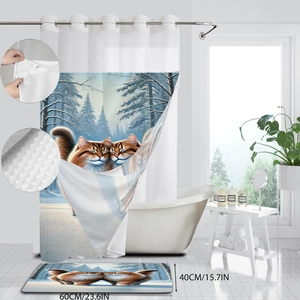 Detail of waterproof cat print shower curtain with matching 60x40cm plush bathroom mat