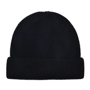 High-quality macro detail showing the ribbed knit texture of a black winter wool beanie hat