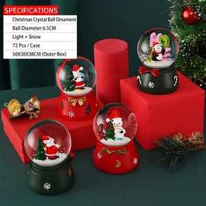 Close-up of 6.5cm Santa and Snowman crystal balls with glowing lights and snowflakes
