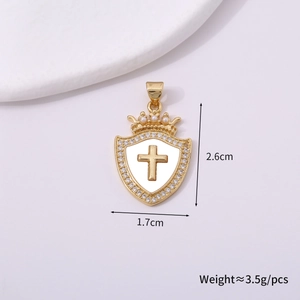Detailed view of gold crown shield cross pendant with size 2.6cm by 1.7cm and 3.5g weight