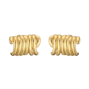 Macro shot of gold-plated geometric twist stud earrings with a ribbed texture