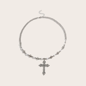 Vintage silver beaded cross necklace with pearls and metallic chain for women