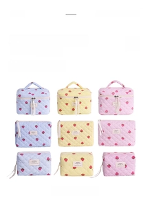 Quilted cotton strawberry makeup bags in three pastel colors and various functional shapes