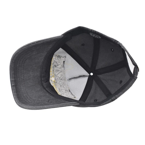 Detail view of 100% cotton washed baseball cap showing inner stitching and sweatband