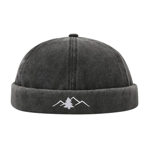 Vintage dark gray brimless docker hat with white mountain and forest embroidery
