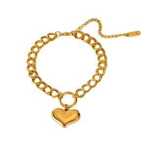 Minimalist gold stainless steel chain bracelet with a 3D heart pendant for women