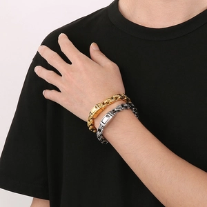 Polished 10mm stainless steel curb chain bracelets in gold and silver for men
