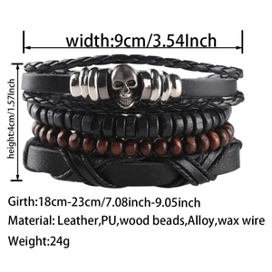 Detail view of multilayer leather and wood bead bracelets with skull charms and dimensions