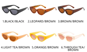Detailed view of six cat eye sunglasses colors including black, leopard, and brown frames