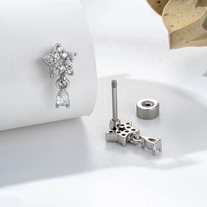 Star-shaped stud earring with zircon drop pendant and flat back screw closure