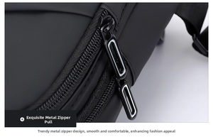 Detail of durable black metal zipper pull and waterproof matte fabric on crossbody bag