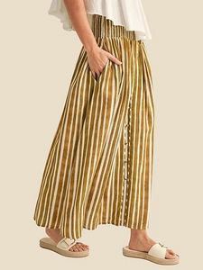 Elegant Striped High Waist Skirt Women A-Line Casual Long Bottoms With Pockets Button Decoration Breathable Summer Fashion
