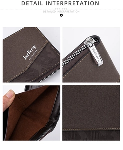 Detail view of deep brown wallet with grid texture, zipper hardware and multi-card slots