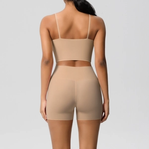 Detail view of the seamless high waist shorts and back design of the yoga set