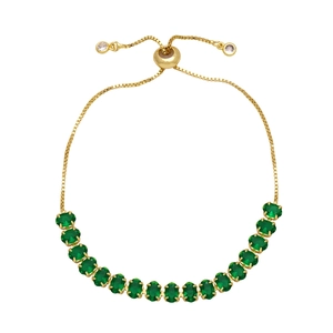 Adjustable gold chain bracelet with oval cut emerald green zircons and box chain